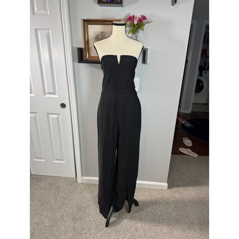 No Boundaries Glam Party Sexy Strapless Jumpsuit Wide Leg Slit L 12-14 Metallic